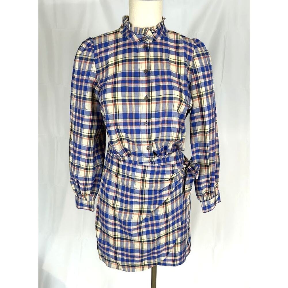 Sezane Plaid Telma Mini Dress Blue Ochre Tartan Ruffle Collar Wrap EU 38 US 6 - Picture 3 of 10